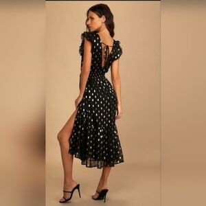 Lulus Sheer Metallic Polka Dot Ruffle Smocked Cocktail Date Night Party Dress